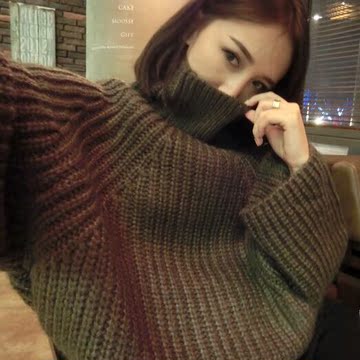2016冬装韩国宽松大码加厚高领毛衣女粗毛线套头纯色蝙蝠袖针织衫