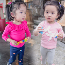 女童长袖T恤2016秋装新款儿童中小童蕾丝花朵纯色圆领打底衣衫潮