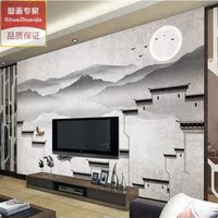 新中式3D立体壁纸水墨山水意境湖中泛舟唯美电视背景墙纸沙发壁画