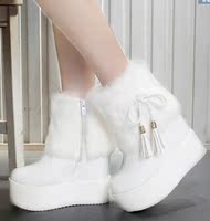 冬季韩版真皮兔毛坡跟短靴女白色内增高厚底雪地靴性感松糕女靴子