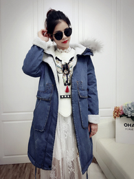 2016冬装新款韩国大毛领中长款带帽加厚羊羔绒牛仔棉衣风衣外套女