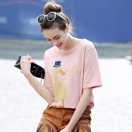 欧洲站2016夏季新款女装T恤 动物图案街头棉宽松圆领欧美印花短袖