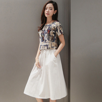 夏季新款女装复古印花两件套韩版修身中裙套装短袖棉麻连衣裙