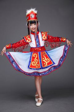 儿童蒙古舞蹈服装 女童少数民族演出服少儿蒙古族合唱服草原裙袍