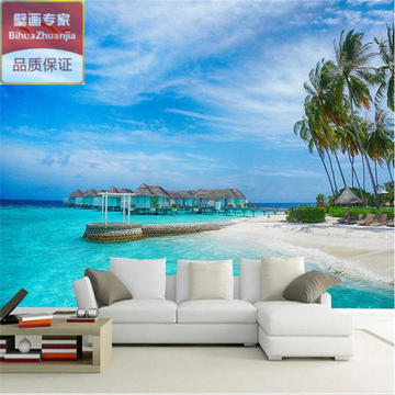 高清马尔代夫风景壁纸海边沙滩木桥椰树木屋电视背景墙纸沙发壁画