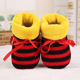 永誉秋冬新生儿毛线鞋0-6个月条纹婴儿步前鞋 宝宝加绒毛线鞋