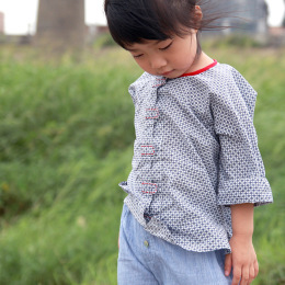 【游子】男女童夏季纯棉青花瓷八分袖手工绣线儿童中式马褂上衣