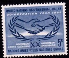 联合国1965握手 橄榄枝 国际合作年 1票 原胶全品