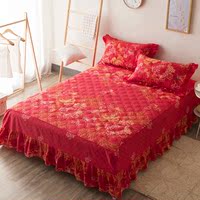 红色结婚庆全棉纯棉夹棉床罩单件床裙加厚1.5m 1.8 2米床套四件套