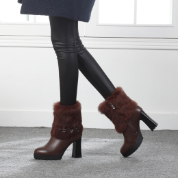 秋冬新款真皮高跟短筒靴粗跟矮靴欧美风矮靴气质优雅靴子真毛女靴