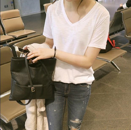 夏季新款韩版白色短袖T恤女宽松纯色休闲百搭大码竹节棉学生上衣