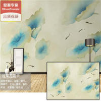 新中式手绘工笔壁纸荷花叶鱼趣意境电视背景墙纸卧室客厅沙发壁画
