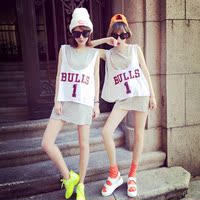 2016年夏季新款女装街头韩版中长款圆领短袖t恤卡通字母背心两件