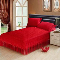 结婚庆大红色单件床裙全棉加厚夹棉蕾丝床罩纯棉床单1.8m 2米