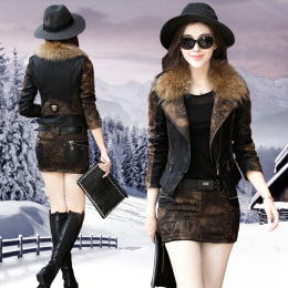 冬季套装女装2016新款两件套裙潮时尚韩版显瘦麂皮绒毛领短款外套
