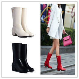 2016白色新款韩版中筒靴中跟真皮马丁靴粗跟女红色女靴子冬季马靴
