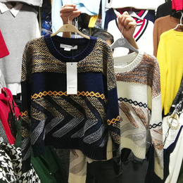 2016秋季韩版女装新款彩线菱形格花色圆领宽松毛衣线衣针织衫