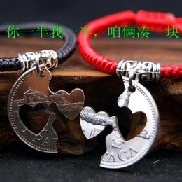 原创红绳情侣手链澳门一元硬币手链复古多层一对男女学生韩版创意