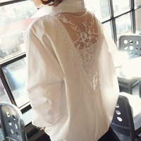 春秋季韩版女装大码蕾丝上衣女宽松长袖网纱中长款白衬衫外穿T恤
