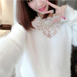 2015秋冬新款韩版女装蕾丝勾花薄打底针织衫气质毛衣中款套头上衣