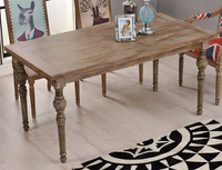 欧式新古典实木餐桌椅做旧复古松木餐桌高档家用圆腿造型长方桌子