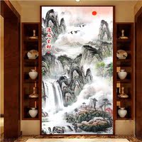中式山水风景玄关壁画流水生财客厅走廊过道背景墙纸无缝背胶壁纸