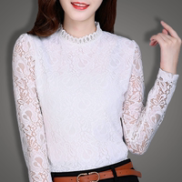 2016冬季新款蕾丝衫长袖套头立领上衣韩版白色衬衫袖女黑色打底衫
