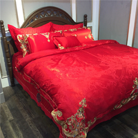 大红色60贡缎提花婚庆四件套 欧式刺绣床盖式六件八件套新婚床品