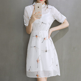 2016春夏装韩版印花雪纺七分袖中长款显瘦连衣裙白色衬衫裙子