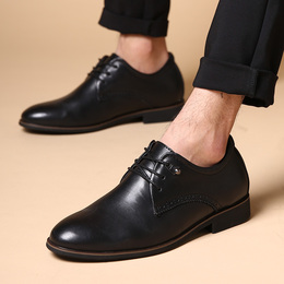 新款男士休闲皮鞋隐形内增高结婚鞋新郎真皮商务正装皮鞋6cm黑色