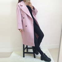 2016秋冬新款女装韩版中长款茧型羊毛呢外套粉色双排扣西装领大衣
