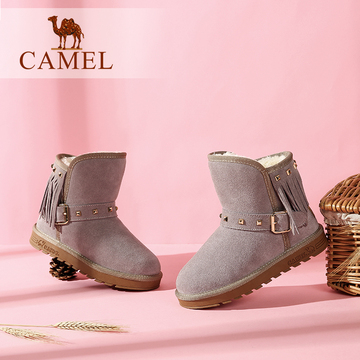 Camel/骆驼女鞋 2016冬季新款 女士流苏中筒靴 时尚休闲雪地靴