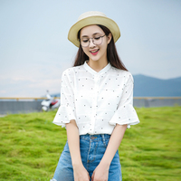 柔美雪纺衫短袖女2017新款学生韩版夏季中长款宽松百搭波点衬衫潮