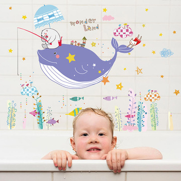 浴室卫生间瓷砖玻璃装饰墙贴纸贴画卡通小鱼儿海洋风格大鲸鱼小熊