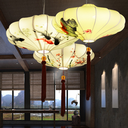 新中式吊灯仿古灯具餐厅客厅布艺创意手绘灯笼古典酒店茶楼过道灯