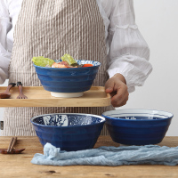 专柜日式和风釉下彩手绘 7寸陶瓷米饭碗 大号螺纹汤碗面碗 沙拉碗