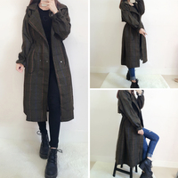2016秋冬新款韩版中长款格子毛呢外套女装气质灯笼袖双排扣呢大衣