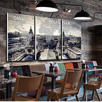 伦敦复古世界地图装饰画办公室三联无框画咖啡厅挂画酒吧工业壁画