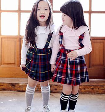 2016秋季新款韩版女童格子背带裙纯棉衬衫T恤两件套装中小童短裙