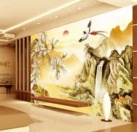 3D立体中式壁画江山如画玉兰花鸟电视背景墙纸客厅沙发无纺布壁纸