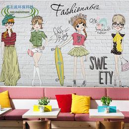 整张立体时尚手绘卡通女孩大型壁画服装店商场咖啡厅餐厅墙纸壁纸