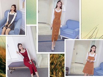 2016新款女秋季韩版百搭纯色针织裙时尚显瘦单排扣背带裙连衣裙