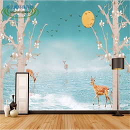 现代欧式3d立体湖面抽象树电视背景墙纸壁纸    客厅沙发大型壁画