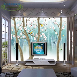 现代唯美3d立体梦幻玉兰黄鹂鸟电视背景墙壁纸    大型无缝壁画