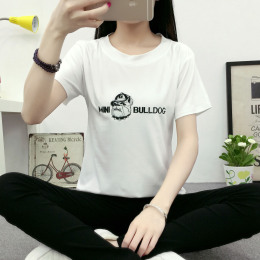 韩国夏装新款 韩版休闲短袖卡通纯棉刺绣字母T恤女 体恤打底衫女