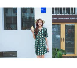 【candy蜜淘】新款韩版雪纺宽松短袖绿色碎花波西米亚连衣裙 包邮