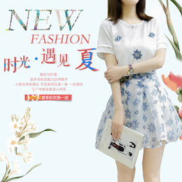 2016夏季韩版新款圆领印花短袖斜肩连衣裙雪纺 棉麻两件套装裙子