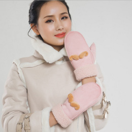 手套女冬可爱韩版学生加绒加厚保暖磨砂羊羔绒翻边麂皮情侣手套