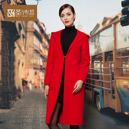 韩版新款女装纯手工双面绒尼大衣100%纯羊毛女士带帽长款毛呢外套