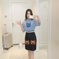 2016夏季新款韩版时尚显瘦两件套条纹衬衫+包臀牛仔裙